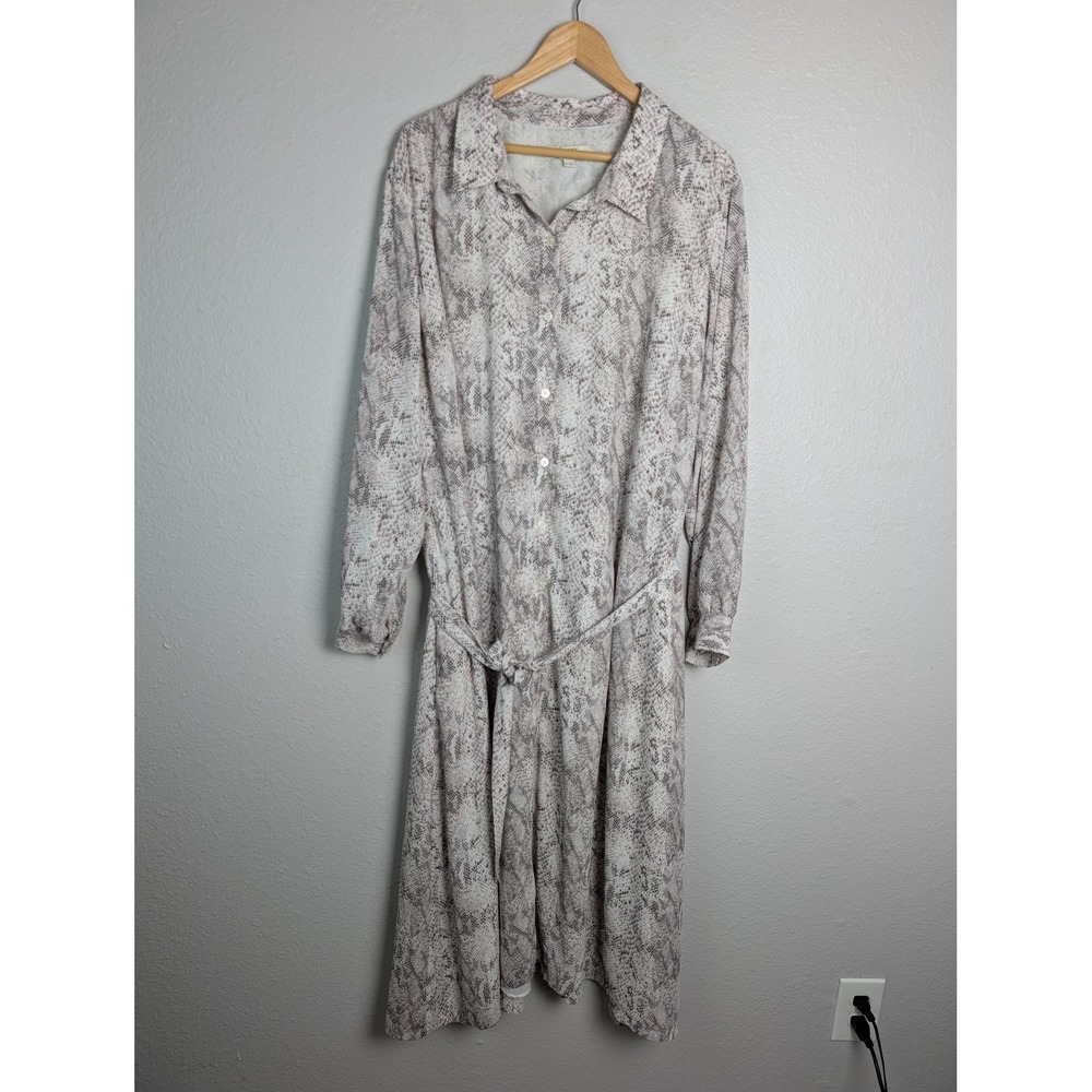 LOFT Dress Womens 26 Beige Midi Shirt Dress Chiffon Collared Button Belted
